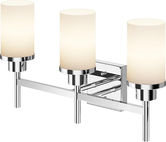 AONEON Bathrom Light Fixtures Polished Chrome 3 Vanity Lights with White Frosted Glass Shade, Wall Lamps Over Mirror for Bath Washroom Bedrom T001CH-L3