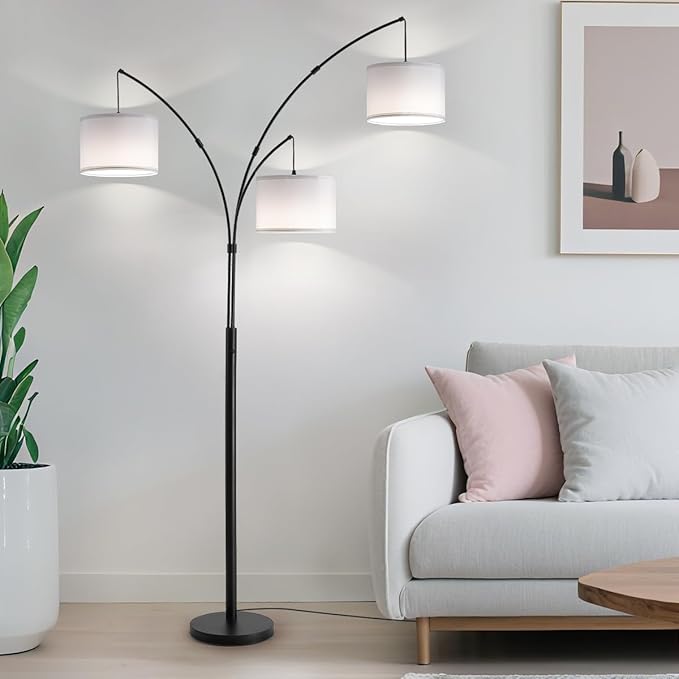 Fansdrick Floor lamp with Remote, 3 Light Arc Floor Lamps for Living Room, 2400LM Tall Standing Floor Lamps with White Shades, 80" Large Floor Lamp for Bedroom, Office