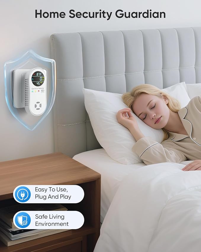 Vilfet Carbon Monoxide Detectors & Natural Gas Detector, 4-in-1 Carbon Monoxide Detectors Plug in, Gas Leak Detector with Dual Alarms, Temperature & Humidity Sensor for Home, RV, White, 3 Packs