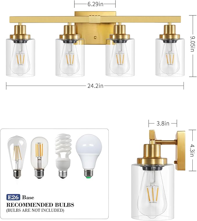 DIKAIDA Bathroom Vanity Light, 4-Light Modern Matte Gold Wall Sconce Lighting with Clear Glass Shade, Black Wall Lights,Bath Vintage Wall Mounted Lamps for Mirror Bedroom Living Room