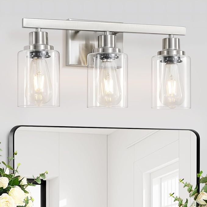 DIKAIDA 3-Light Bathroom Light Fixtures, Nickel Bathroom Vanity Light with Clear Glass Shade, Modern Bathroom Wall Lights Over Mirror, Farmhouse Wall Sconces Lighting for Bedroom Living Room