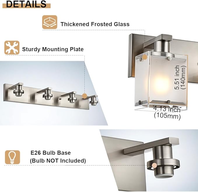 WINSHEN 5-Lights Bathroom Vanity Light Fixtures, Modern Brushed Nickel Wall Sconce Lighting with Rectangular Frosted Glass Shades, E26 Bulb Base