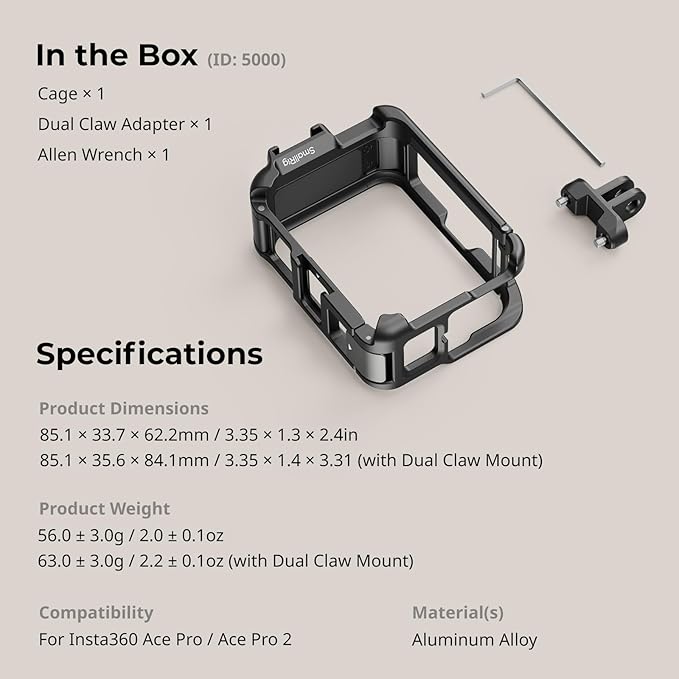 SmallRig Utility Frame Cage for Insta360 Ace Pro 2 / Ace Pro, Supports Horizontal and Vertical Shooting, Action Camera Mounting Frame with Mounting Claw and Cold Shoe for Video Light Microphone - 5000