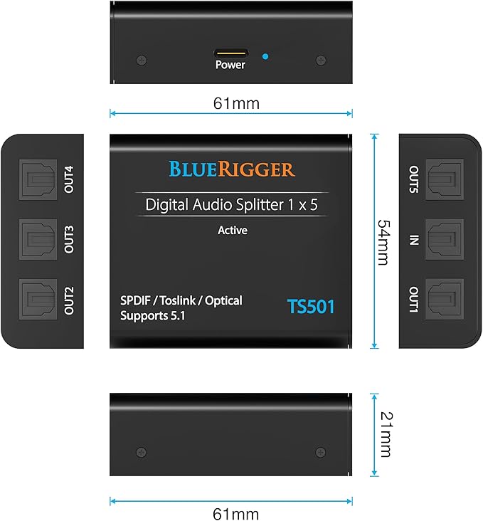 BlueRigger Digital Optical Audio Splitter 1x5 (Active Toslink Splitter 1 in 5 Out, SPDIF, Fiber Optic Audio Adapter) - for Home Theatre, Xbox, PS4, DVD, CD Player, Receiver, HDTV
