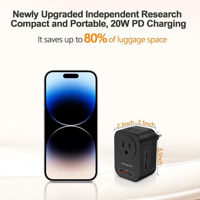 Shayangyoung 220V to 110V 20W PD Voltage Converter US to Europe International Universal Travel Adapter with 2 USB A 2 Type-C Port Worldwide Power Converters Plug Combo for Spain Italy (Black)-IZ