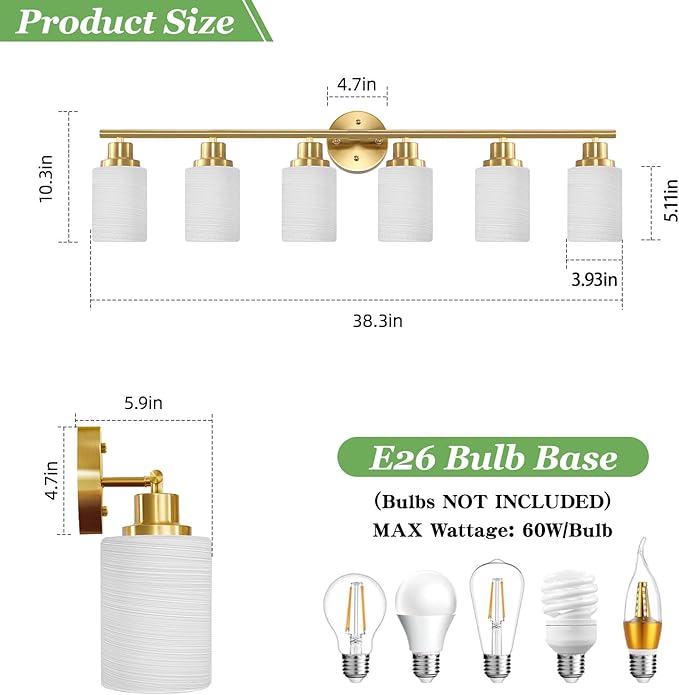 Guliaofo 6-Light Vanity Lights, Brushed Gold Bathroom Light Fixture with Striped Textured Milky White Glass Shade, E26 Wall Sconce, Modern Vanity Lighting Fixture for Bathroom Wall Light Over Mirror
