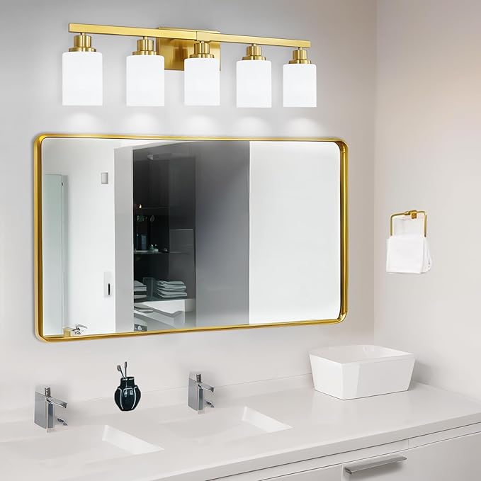 DIKAIDA Gold Bathroom Light Fixtures, 5-Light Modern Brushed Gold Vanity Lighting Fixtures for Bathroom Over Mirror, 30" Gold Sconces Wall Lighting for Bedroom Hallway Living Room