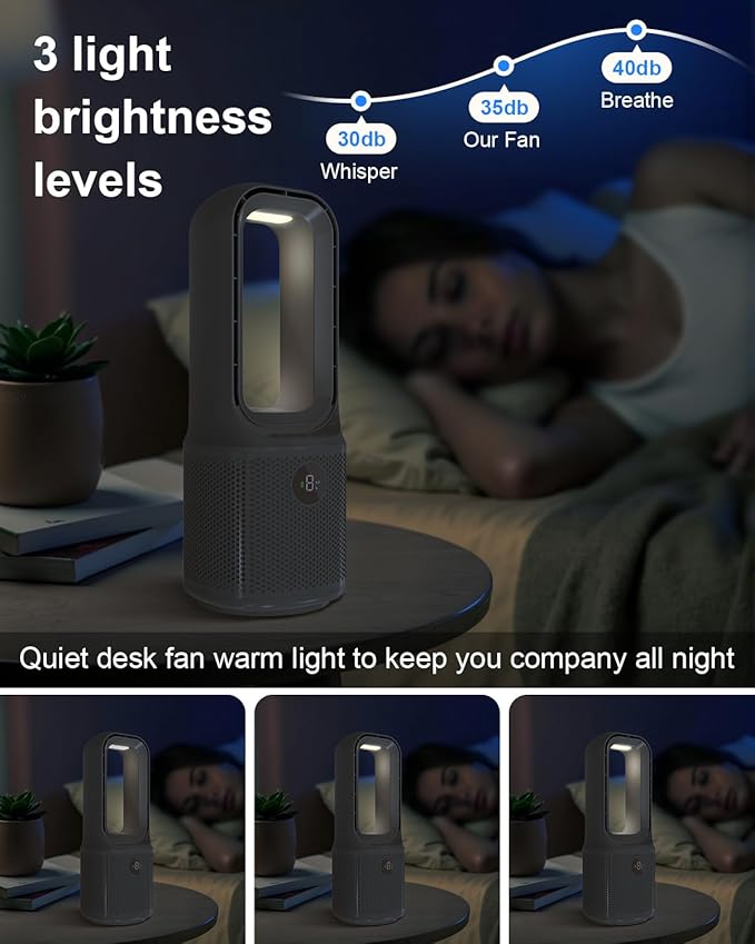 MEIIS Desk Fan Bladeless, 14 Inch USB Rechargeable Tower Fan with 9 Speed Adjustable, 3 Light, 60° Oscillating, 9H Timer, 5000mAh Battery Cooling Small Table Fan for Bedroom, Office, Nightstand, Grey