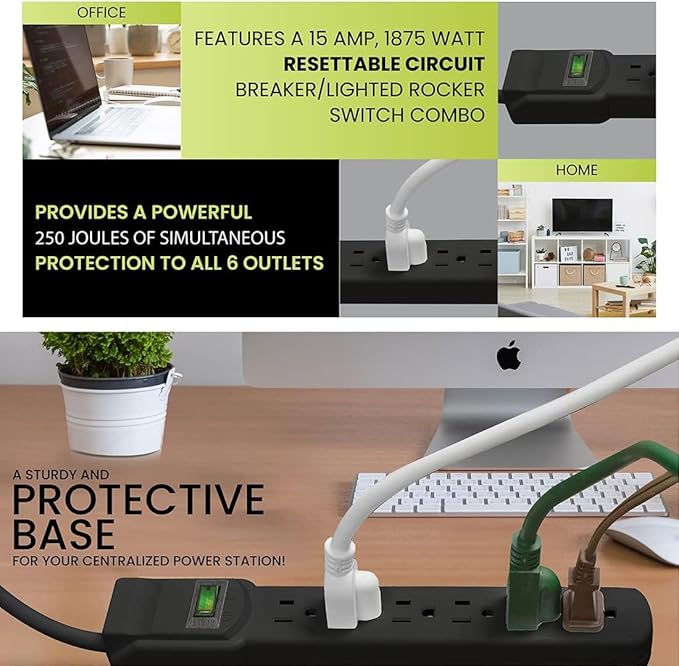 GoGreen Power Inc. (G-16106MSBK-2) 6 Outlet Surge Protector, 6FT Cord, Black, 2 Pack