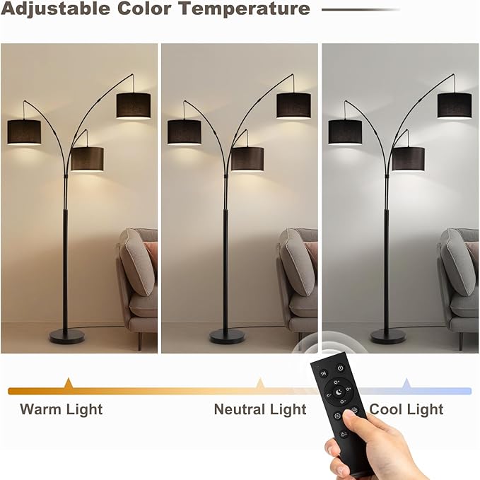 Fansdrick Floor lamp with Remote, 3 Light Arc Floor Lamps for Living Room, 2400LM Tall Standing Floor Lamps with Black Shades, 80" Large Floor Lamp for Bedroom, Office