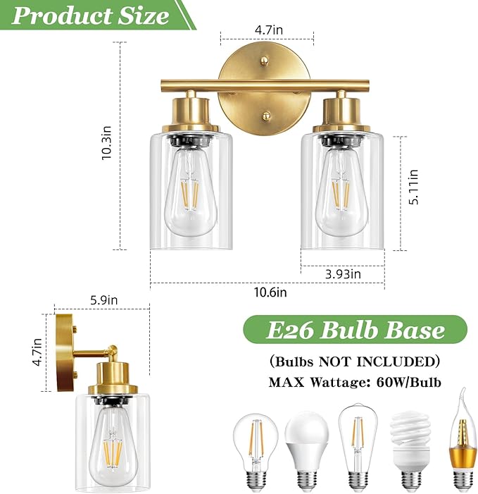 Guliaofo 2-Light E26 Bathroom Light Fixtures, Modern Brushed Gold Vanity Lights for Bathroom with Clear Glass Shade, Mirror Kitchen Hallway Cabinet Living Room Sconces Wall Lights