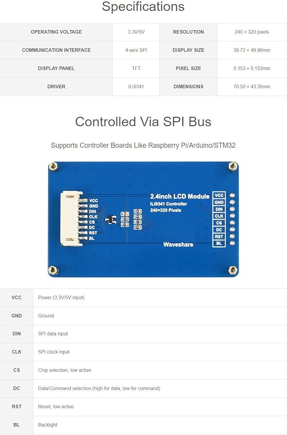 waveshare 2.4inch LCD Display Module with 65K RGB Colors 240×320 Resolution SPI Interface