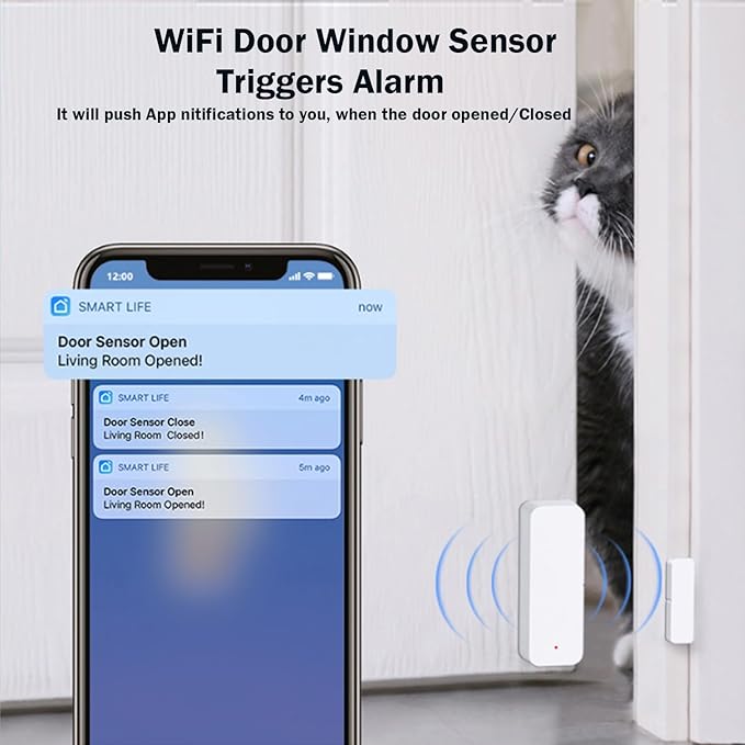WiFi Door Sensor Window Detector: Smart Window Contact Sensor, Wireless Magnetic Door Open Detector with Free Notification Alerts, Compatible with Alexa Google Assistant (1-Pack)