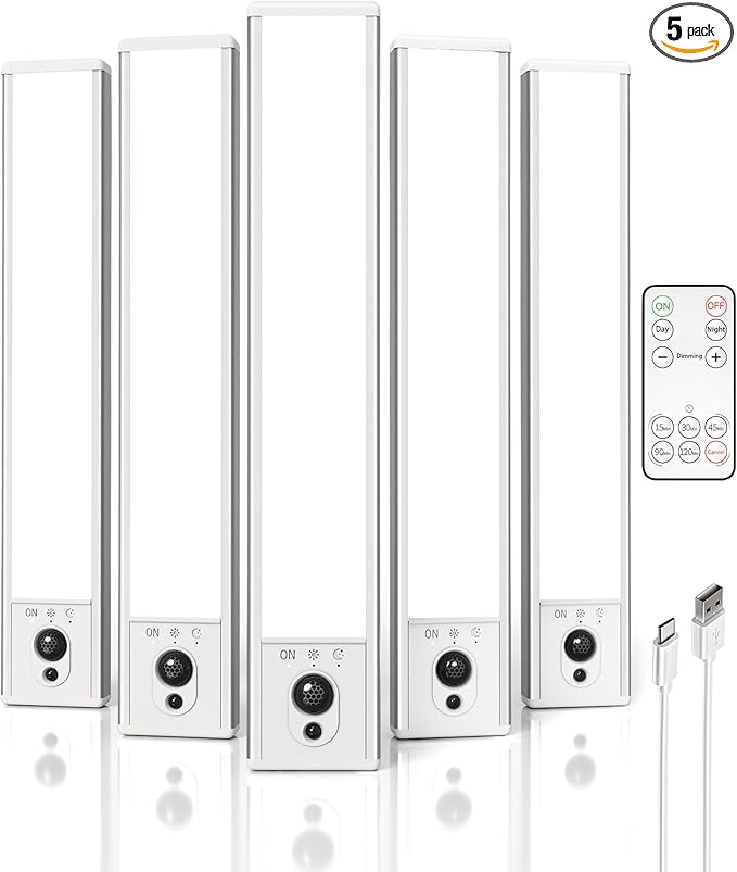 EZVALO 5-Pack Under Cabinet Lighting, 2400mAh Motion Sensor Light, LED Closet Lights Wireless, 6500K Dimmable, Timer, Magnetic, with Remote Control for Kitchen, Closet, Stair