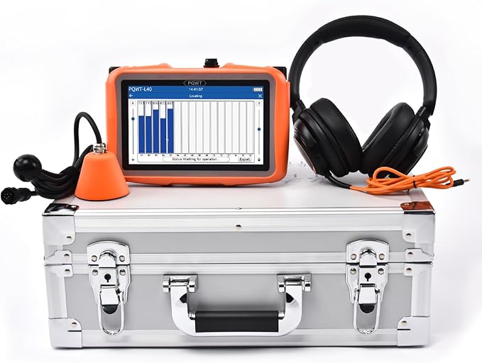 PQWT L40 Underground Water Leak Detectors for Home Wall Water Pipe Detector Machine Vertical Sensor Acoustic Pipeline Leakage Detection Kit Noise Reduction Headphone Smart Touchscreen Carry Case