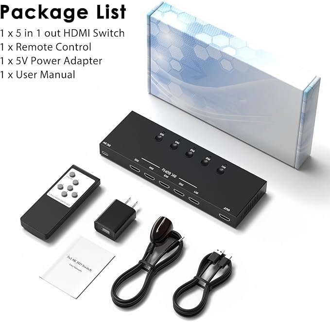 8K@60Hz HDMI 2.1 Switch 5 in 1 Out, 48Gbps Ultra HD 4K 120Hz, HDR10/Dolby Vision, 3D, Supports DTS-HD, Dolby TrueHD Compatible with PS5/4 Xbox Nintendo Switch Roku Apple TV Fire Stick Gaming PC