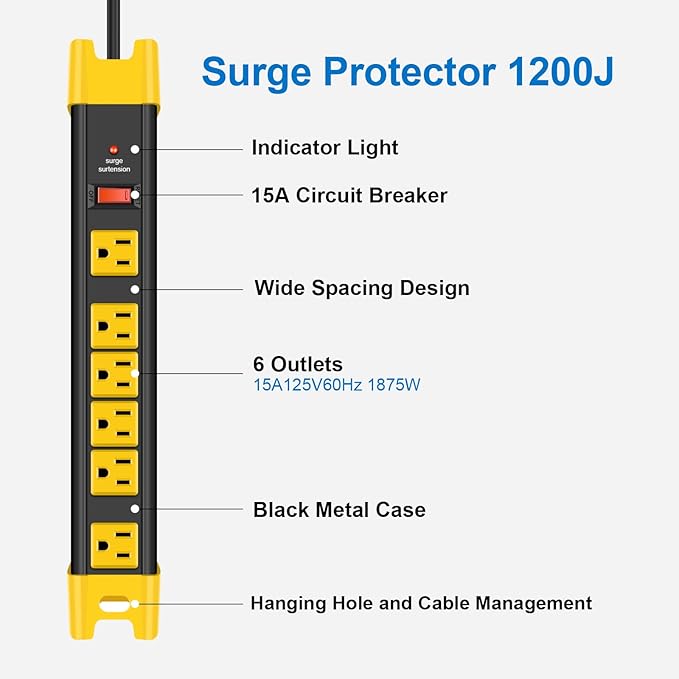 CCCEI Heavy Duty Power Strip Surge Protector - 6 Outlet Industrial Strip with 15A, 1200 Joules - ETL Listed Metal for Shop, Workshop, Garden (6FT, Black)