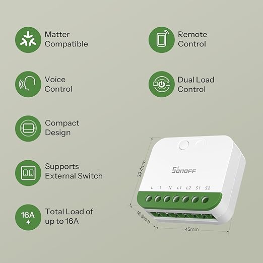 SONOFF MINI Duo (Matter Over WiFi) 2 - Channel WiFi Smart Switch, Matter - Enabled, 16A Total Load, Compact for Standard Boxes, Remote & Automated Control