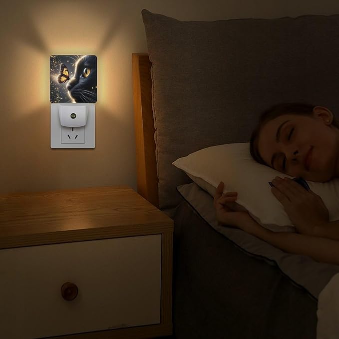 YKJAHSD Cat Butterfly Night Light, Plug into Wall Decor Nightlights for Bedroom, Bathroom, Hallway, Kitchen, with Dusk to Dawn Light Auto Sensors LED Night Lights for Boys Girls Women Men Room Gifts