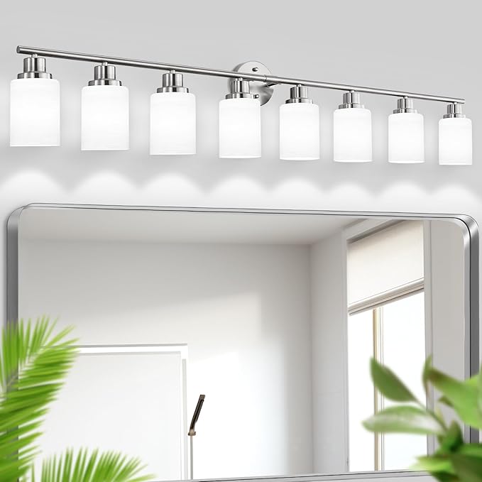 Guliaofo 8-Light Vanity Lights, Brushed Nickel Bathroom Light Fixture with Striped Textured Milky White Glass Shade, E26 Modern Vanity Lighting Fixture for Bathroom Wall Sconce Light Over Mirror