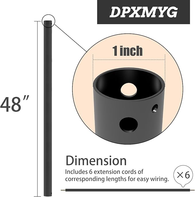 DPXMYG 48 inch Ceiling Fan Downrod with Extension Cord, 4 FT Black Downrod for Ceiling Fan, 1 inch Outside Diameter, Ceiling Fan Boom Suitable for a Wide Range of Fans (Black, Not Threaded)