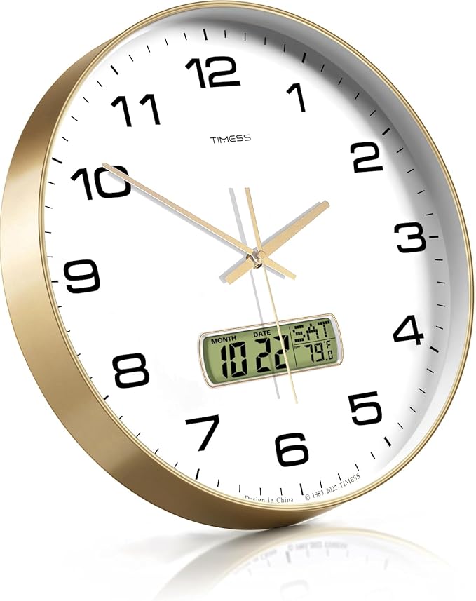 TIMESS Wall Clock, 13" Dial Non-Ticking Silent Battery Operated Analog with LCD Display for Perpetual Calendar and F° Temperature, Ideal Modern Home, Bedroom, Kitchen, Office Decor (Gold)
