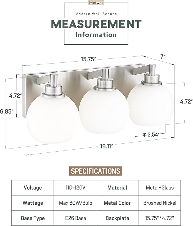 METWET Bathroom Light Fixtures, 3-Light Brushed Nickel Vanity Light, Modern Wall Sconces with Milk White Globe Glass Shade, Vanity Lighting Fixtures Over Mirror, VL195-BN-ML-3