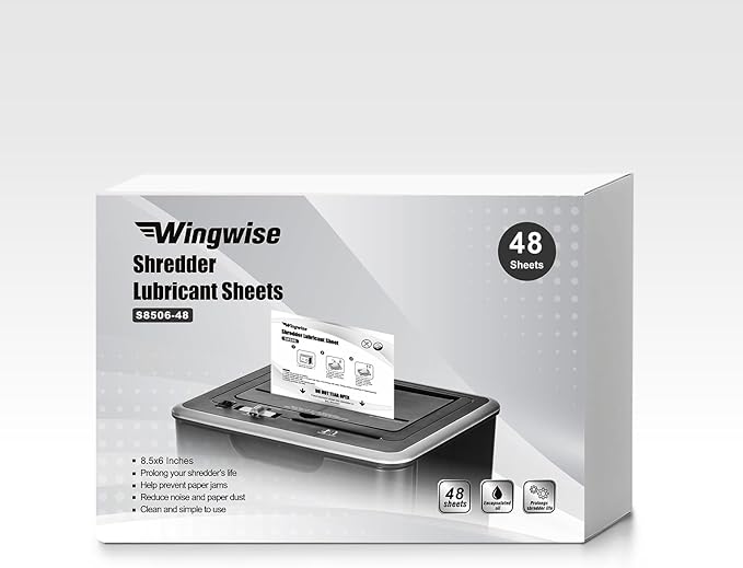 Wingwise 48-Pack Shredder Lubricant Sheets, 8.5 x 6 Inches, Sharpens Blades & Extends Shredder Life, Mess-Free Maintenance for Heavy-Duty Use