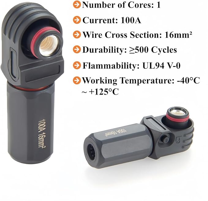 Right Angle 6mm 16mm² 100A Single Core Battery Energy Storage Connector IP67 Waterproof HV Battery Storage Plug,1PC (Black, 100A)