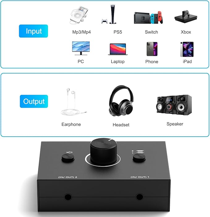 Dingsun 3.5mm Audio Switch, Stereo Audio Selector Box Passive Speaker Headphone Manual Selector with Volume Control (1 in-2 Out/ 2 in-1 Out)