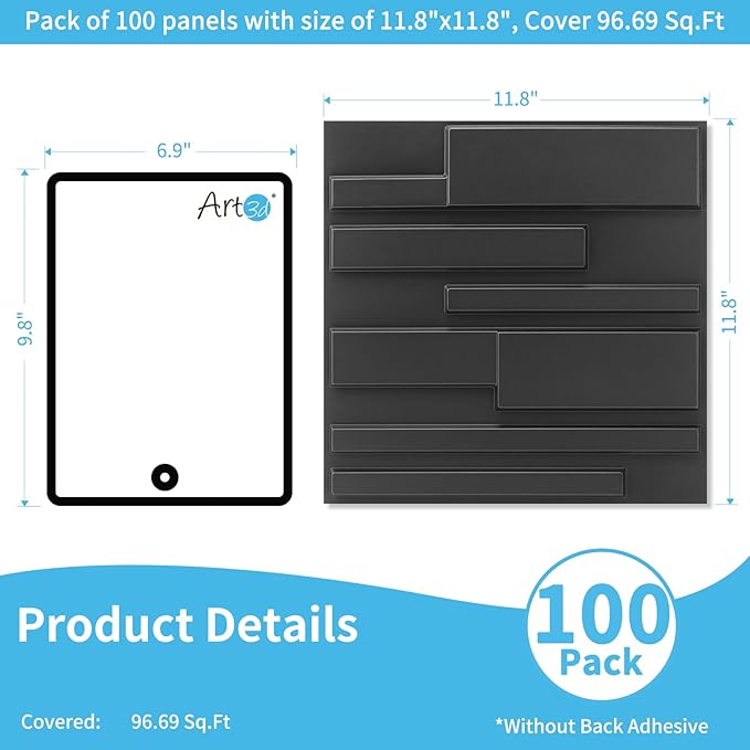 Art3d 100 Pack Decorative 3D Wall Panels, 97 Sq.Feet PVC Interior Wall Décor, 11.8"x11.8", Black