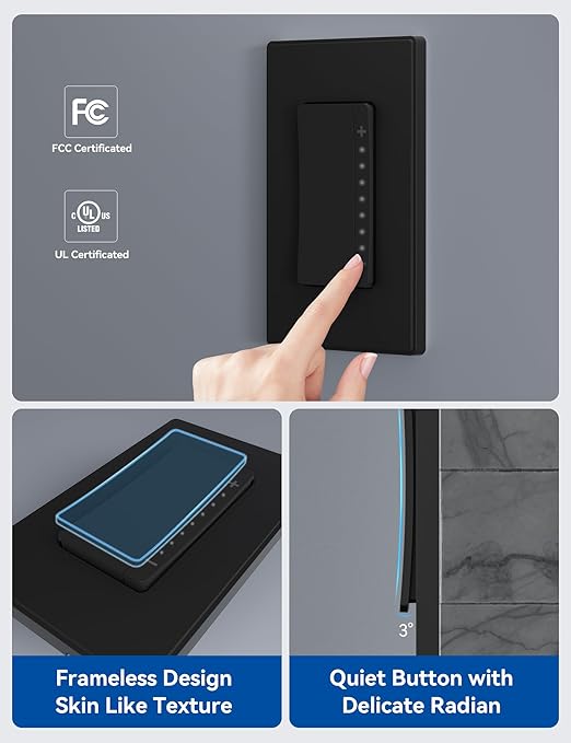 ELEGRP Single Pole Smart Dimmer Light Switch DPR10, 2.4GHz Wi-Fi Dimmer Switch Compatible with Alexa and Google Assistant, Needs Neutral Wire, No Hub Required, UL and FCC Listed, Black, 1 Pack