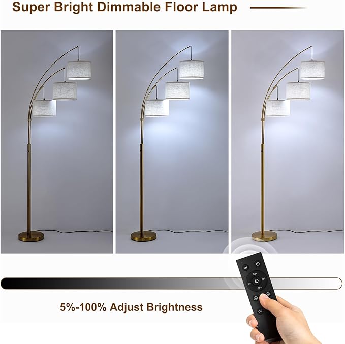 Fansdrick Gold Floor Lamps for Living Room, Super Bright Arc Floor Lamp with Remote Control, 3 Light Tall Floor Lamps with Stepless Dimmable, 80" Mid Century Tree Floor Lamp for Bedroom, Office