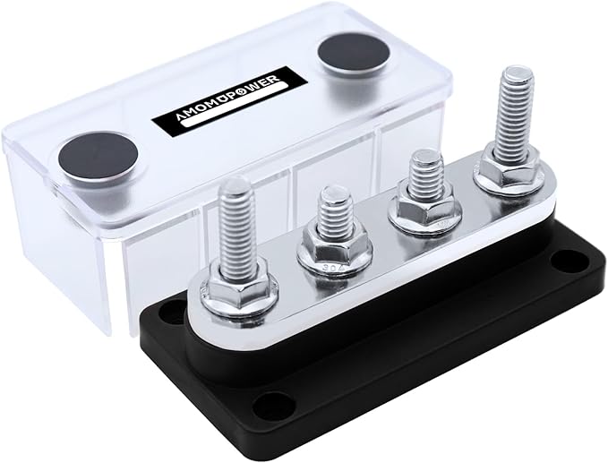 AMOMD 300A Bus Bars 4 Studs (5/16 inch) M8 Nickel Plated Copper Distribution Block Negative Electrical Buss Bars 12-48 V DC with Cover for Trailer Marine Boat Car RV (Black)