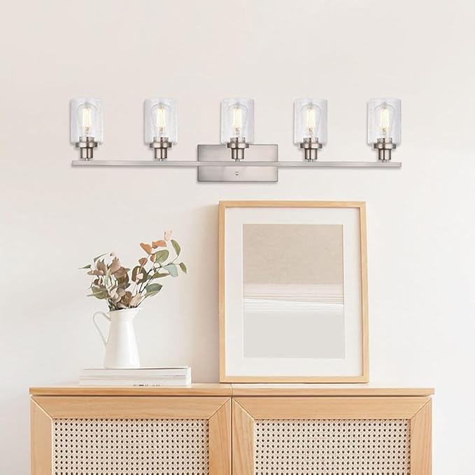 WINSHEN 40-Inches Length Bathroom Vanity Lighting Fixtures Over Mirror in Brushed Nickel, 5-Lights Industrial Sconce Wall Lamp with Seeded Glass Shades