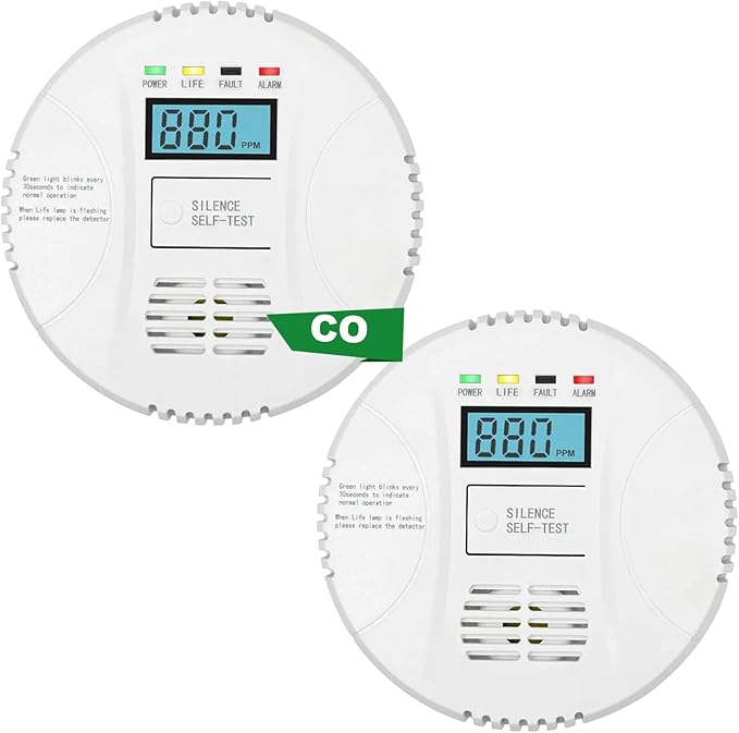 Carbon monoxide detector powered by AA battery (not included), Vzmcov CO monitoring alarm with LCD display screen, used for home basement kitchen, hotel garage, bedroom, living room voice alarm 2 Pack