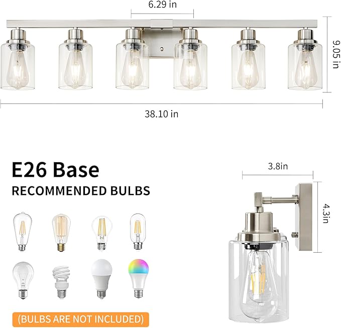DIKAIDA Bathroom Vanity Light, 6-Light Nickel Modern Matte Wall Sconce Lighting with Clear Glass Shade, Wall Lights,Bath Vintage Wall Mounted Lamps for Mirror Bedroom Living Room