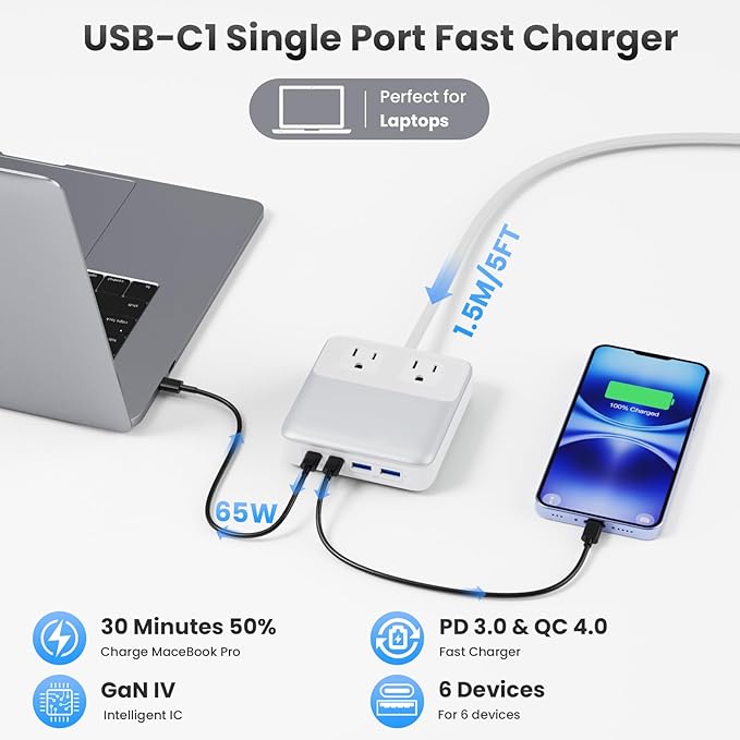 135W Charging Station USB C Power Strip,6-in-1 GaN USB C Charger Block with Plug &5ft Cord,2 AC,2 USB-A,2 USB-C,PD 65W Laptop Charger for MacBook,iPhone 16/15/14,Desktop Fast Charging for Home,Office