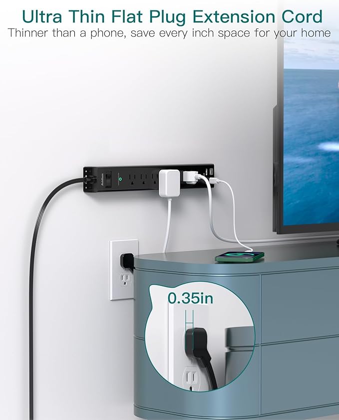 Flat Plug Extension Cord, Addtam 5Ft Surge Protector Power Strip with 6 AC Outlets 4 USB, Wall Mount, Desk Charging Station for Office School College Dorm Room Essentials, ETL Listed