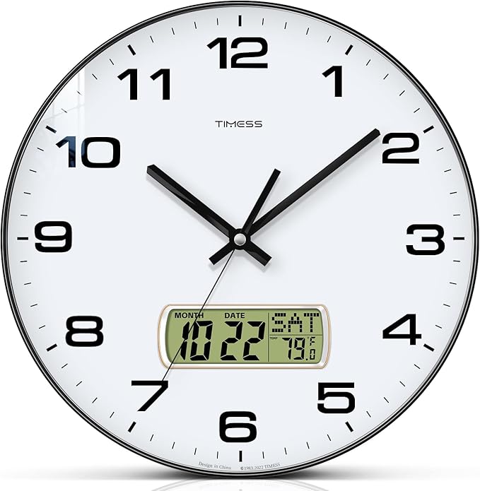 TIMESS Wall Clock, 12" Dial Non-Ticking Silent Battery Operated Analog with LCD Display for Perpetual Calendar and F° Temperature, Ideal Modern Home, Bedroom, Kitchen, Office Decor (Black)