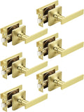 Mengico 6 Pack Passage Door Levers Gold Finish, No-Locking Keyless Square Door Knob, Interior Door Handles for Closet and Hallway, Reversible for Left & Right Handed