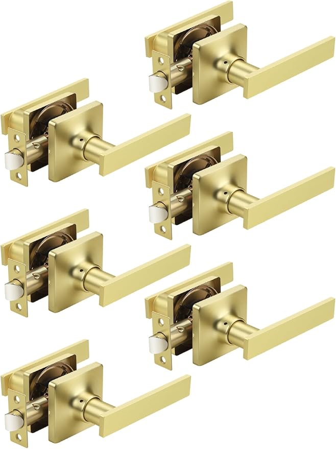 Mengico 6 Pack Passage Door Levers Gold Finish, No-Locking Keyless Square Door Knob, Interior Door Handles for Closet and Hallway, Reversible for Left & Right Handed