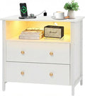 Tykacna 27 Inch Wide Night Stand, Large Wood Night Stand with 2 Drawers, LED Nightstand with Charging Station and Adjustable Drawer, Bedside Table for Living Room/Bedroom/Study/Office, White.