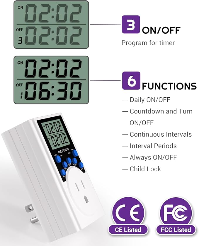 [2 Pack] Timer Outlet, Nearpow Multifunctional Infinite Cycle Programmable Plug-in Digital Timer Switch with 3-Prong Outlet for Appliances, Energy-Saving Timer, 15A/1800W