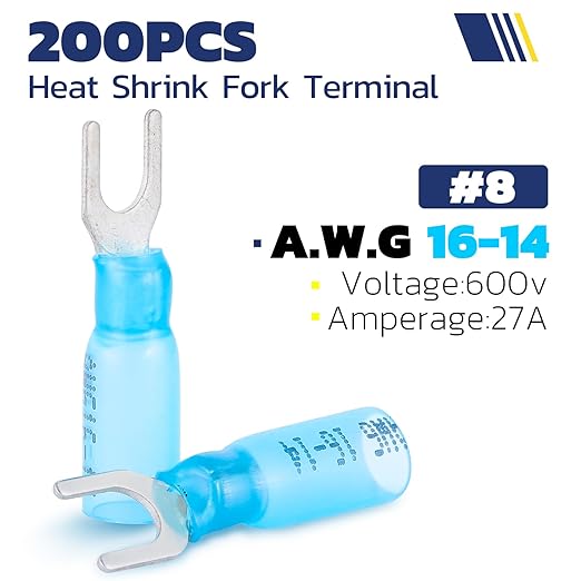 haisstronica 200PCS Heat Shrink Fork Spade Connectors #8 Waterproof Marine Grade Fork Terminal Connectors U-Type Blue 16-14 Gauge