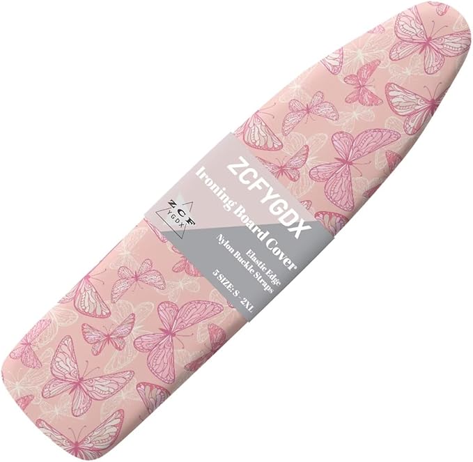 ZCFYGDX Breathable Ironing Board Cover Decor, Resist Scorching & Staining, 15x48 Wear & Soil Resistant Covers, Elastic Edges,3 Fasteners,Anti-Scorch Polyester Butterfly Pattern Pink Print