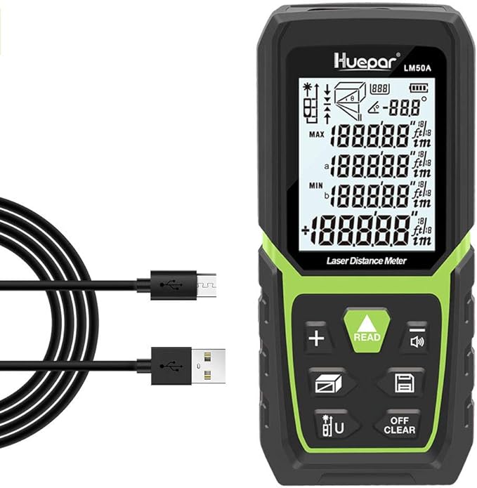 Huepar Laser Distance Measure 165Ft with Li-ion Battery & Electric Angle Sensor, Backlit LCD Laser Measure Ft/in/M with High Accuracy Multi-Measurement Modes, Pythagorean, Distance, Area&Volume-LM50A