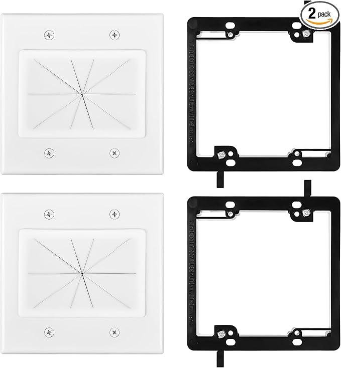 Kebulldola 2 Gang Wall Plate with Low Voltage Mounting Bracket, 2 Pair, Silicone Pass Through in Wall Hider, Cable Management Kit for HDMI Cables, Ethernet Cables, HDTV Home Theater System