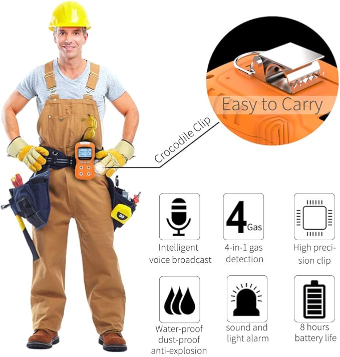 XLA Alert Portable Gas Detector, Gas Clip 4 Gas Monitor Meter Tester Analyzer, Rechargeable LCD Display Sound Light Shock Air Quality Tester, 2 Year Detector…