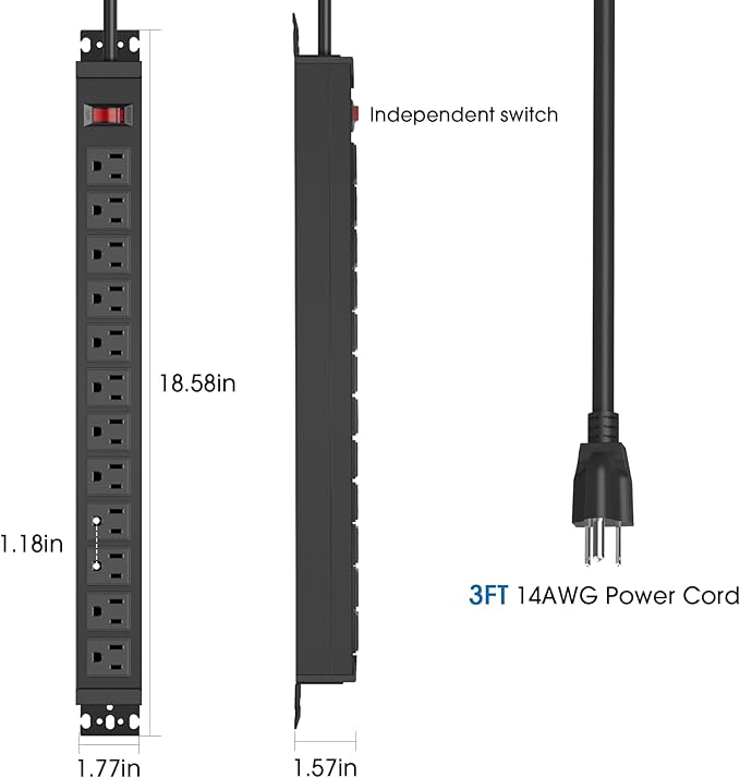 HHSOET 2 Pack Rotating Mountable Power Strip, 12 Outlet Wall Mount Surge Protector, Metal Heavy Duty and Versatile Outlet Strip, Stylish Appearance, Sturdy and Durable, 3ft Power Cord.(Black)